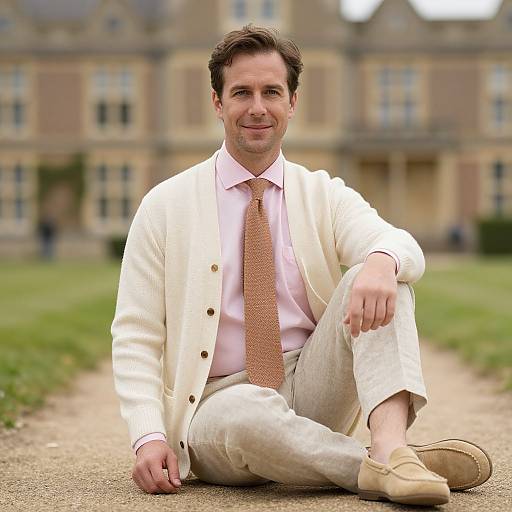 Photograph of a smiling man in a white suit, pink shirt, and brown tie, sitting on a path in front of a large, blurred,
