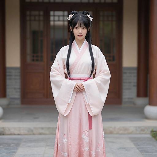 Photograph of a young Asian woman with long black hair, wearing a white kimono top and pink floral-patterned hakama, standing in front of