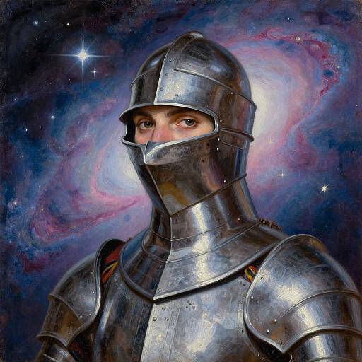 Digital painting of a knight in shiny, reflective armor with a visible eye, set against a cosmic background of swirling blue and pink nebulae with sparkling