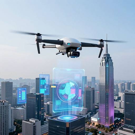 Photograph of a white drone with rotors flying above a futuristic cityscape of skyscrapers with neon blue holographic screens.