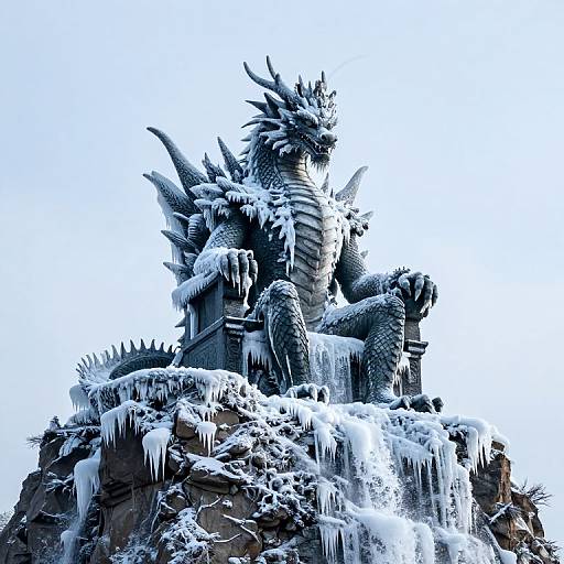 Photograph of a snow-covered, dragon statue with icicles, sitting on a rocky peak, under a bright blue sky.