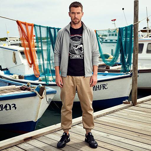 Photograph of a bearded man with short brown hair, wearing a gray jacket, black graphic tee, beige pants, and black shoes, standing on