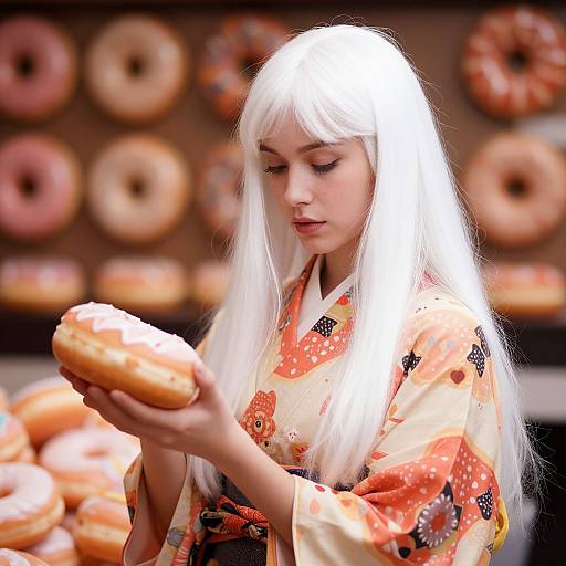 Photograph of a pale-skinned woman with long white hair, wearing an orange floral kimono, holding a glazed donut in a donut shop