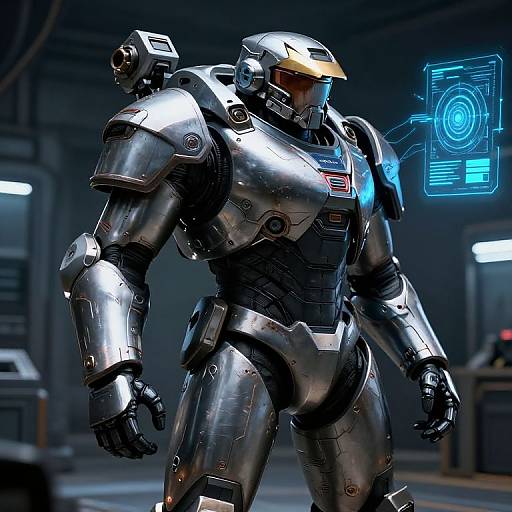 CGI image of a futuristic, silver, armored robot with a yellow visor, standing in a dimly lit industrial room, with a blue holog
