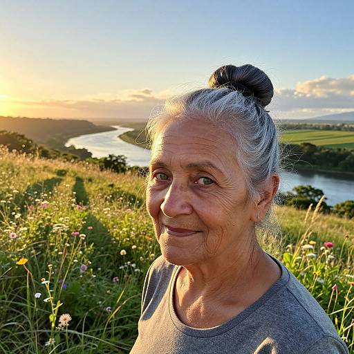 Photograph of an elderly woman with gray hair in a bun, smiling at sunset, wearing a gray shirt, standing in a grassy field with wild