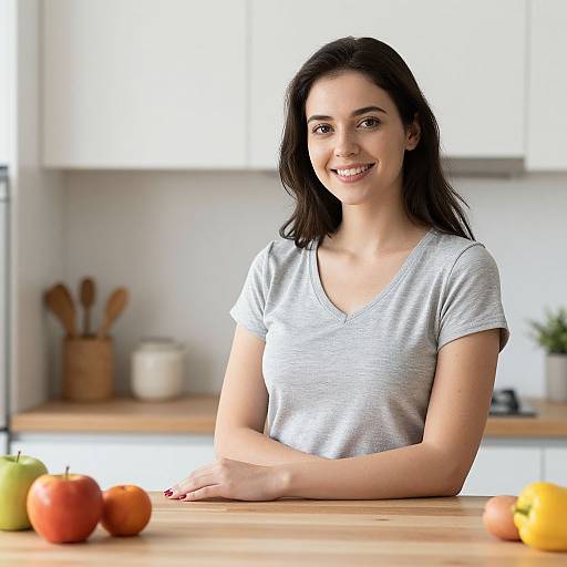 Photograph of a smiling young woman with long dark hair, wearing a light gray V-neck t-shirt, standing in a bright kitchen with white cabinets,