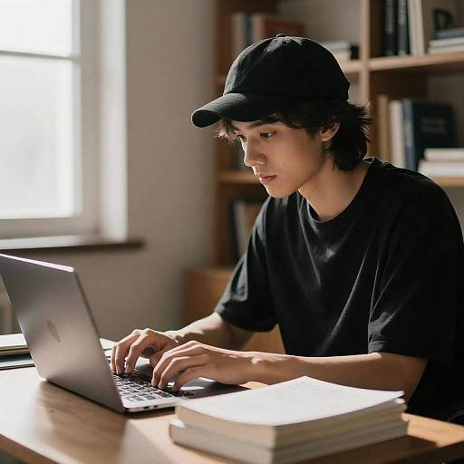 Young Man Working at Desk in Sunlight