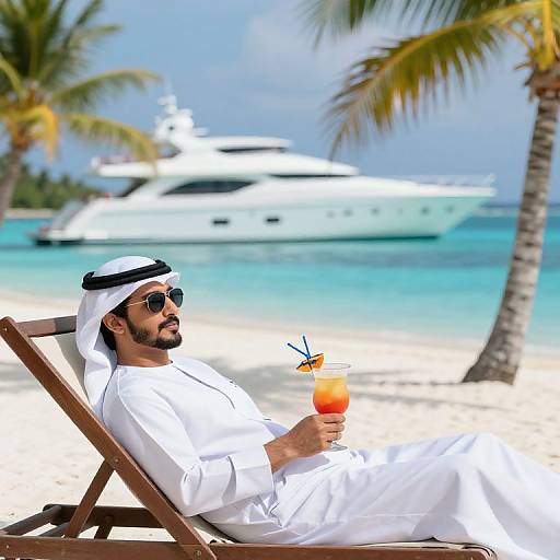 Photograph of a Middle Eastern man in a white thobe and black and white keffiyeh, relaxing on a beach chair with a tropical drink