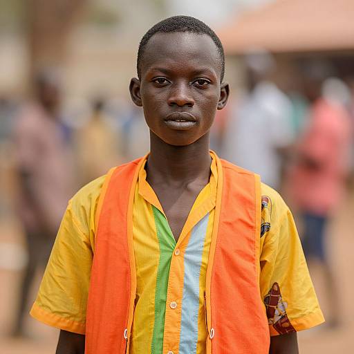 Photograph of a young African boy with short hair, wearing a yellow and green shirt with an orange vest, standing outdoors with a blurred background of people