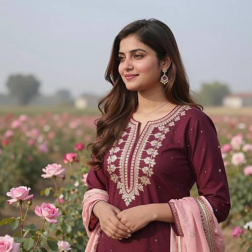 South Asian Woman in Traditional Maroon Suit in Flower Field