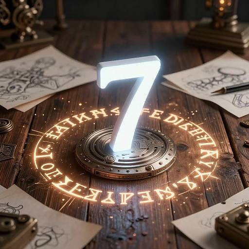 Photograph of glowing number 7 on a wooden table surrounded by illuminated runes, with sketch papers and ink pens scattered around.