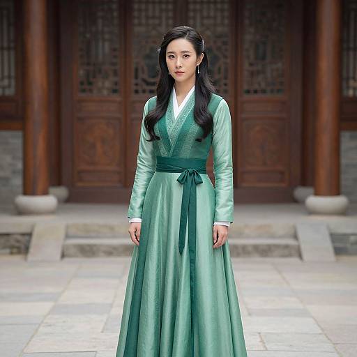 Photograph of a Korean woman with long black hair, wearing a traditional green hanbok with a white collar, standing in front of a wooden,