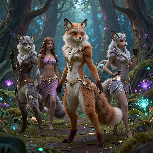 Digital fantasy artwork of three anthropomorphic fox women with gray, brown, and red fur in a mystical forest, wearing ornate, gold-accented