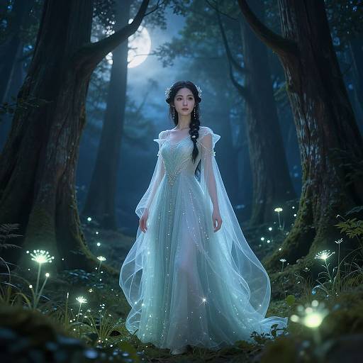 Ethereal photograph of a woman in a glowing, translucent white gown with floral crown, standing in a mystical moonlit forest surrounded by glowing fireflies