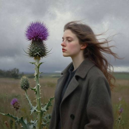 Photograph of a fair-skinned woman with long brown hair, wearing a dark coat, gazing at a tall purple thistle in a cloudy,