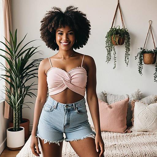 Smiling Woman in Pink Twist Front Tube Top and Denim Shorts