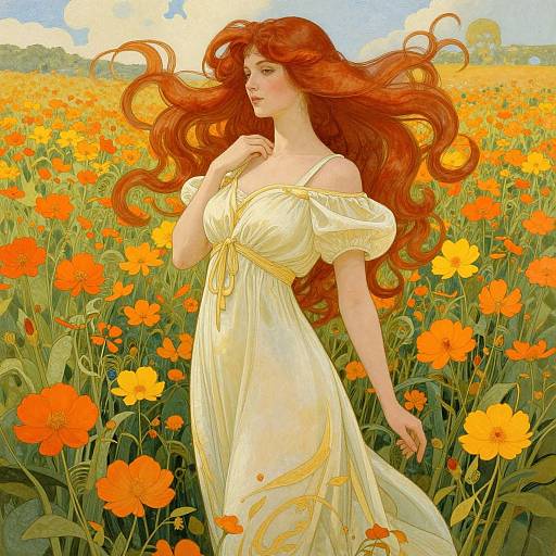 Digital painting of a red-haired woman with flowing hair, wearing an off-shoulder white dress, standing in a vibrant orange poppy field under a