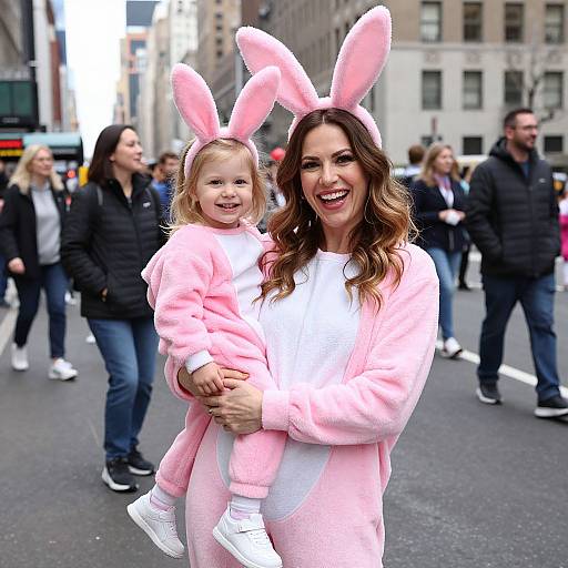 Photograph of a smiling woman with wavy brown hair, wearing a pink bunny ear headband and pink fleece jacket, holding a laughing blonde toddler in