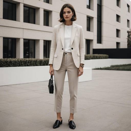 Petite Woman in Neutral Tailored Outfit Outdoors