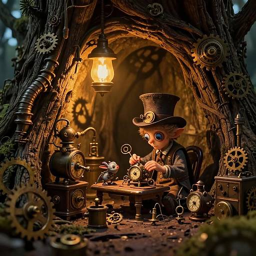 Steampunk-inspired CGI image of a whimsical, blue-eyed, top-hatted mouse engineer repairing gears under a glowing lantern in a wooden, gear