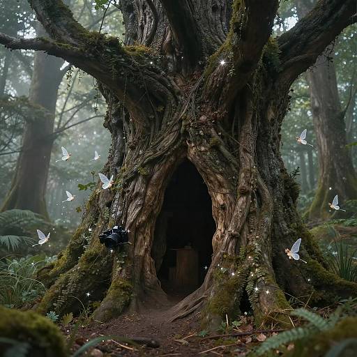Mystical Tree Hollow with Fairies in Enchanted Forest