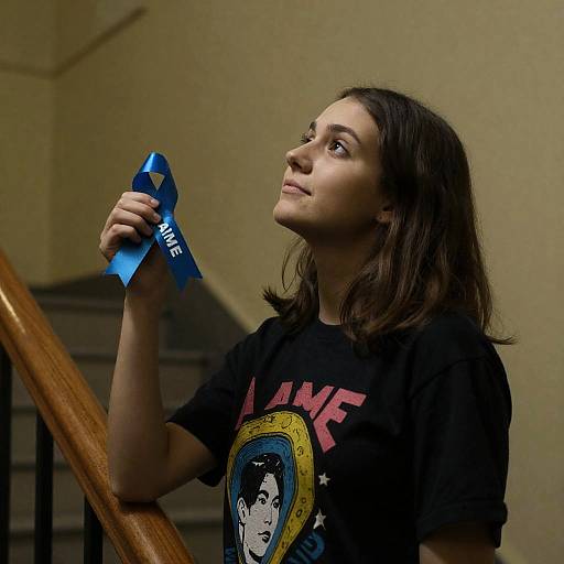 Young Woman Holding Blue AIME Ribbon