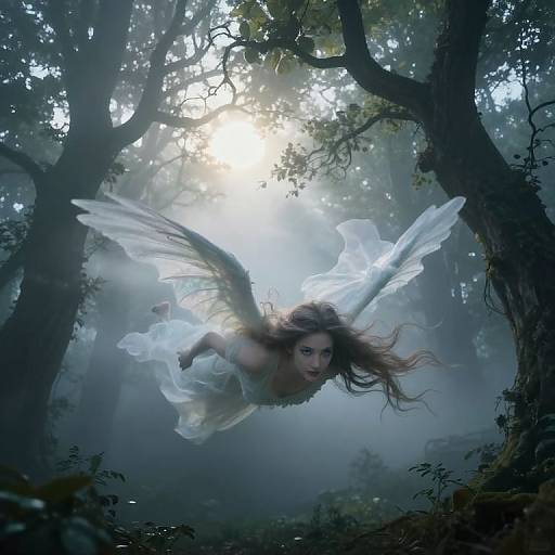 Digital fantasy artwork of a winged woman with flowing brown hair, white dress, and ethereal wings, flying through a misty, sunlit forest