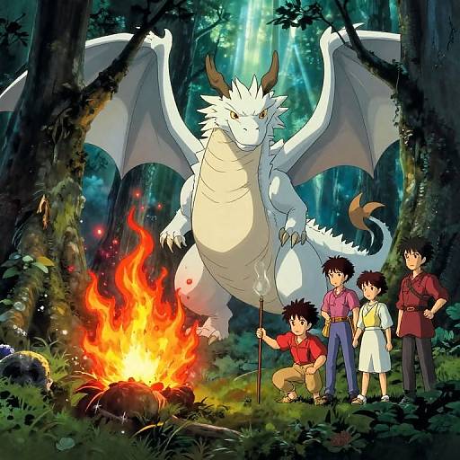 Digital anime-style drawing: White dragon with wings, horns, and scales sits by campfire in forest, surrounded by four Asian children in colorful traditional clothes