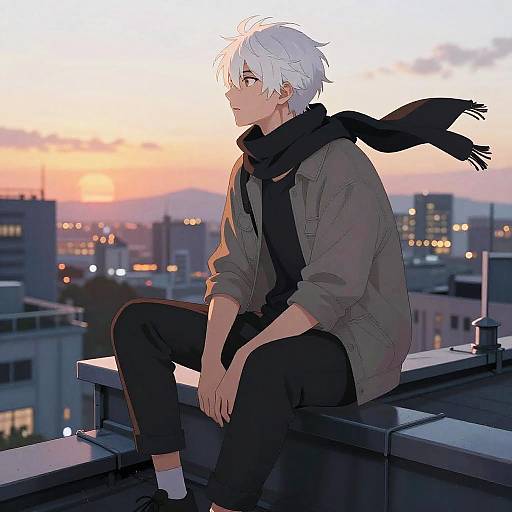 Anime-style digital drawing of a white-haired, fair-skinned young man in a brown jacket and black scarf, sitting on a rooftop at sunset, city