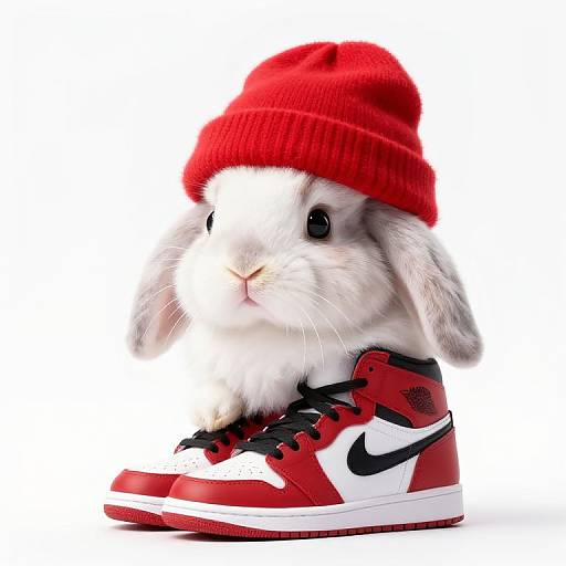 Photograph of a white, fluffy baby rabbit wearing a red beanie and standing inside a red and white Nike sneaker with black laces.