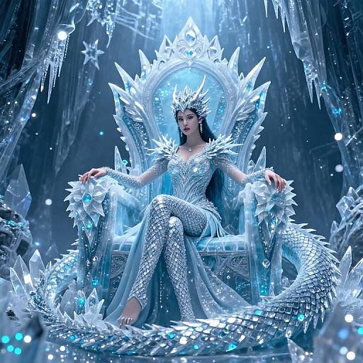 Digital art of a regal, blue-skinned woman with long black hair, wearing a silver ice crown and dress, sitting on an icy, crystall