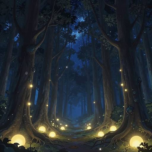 Enchanting night forest scene with tall trees, glowing lanterns, and twinkling stars, creating a mystical, illuminated pathway. Digital art.