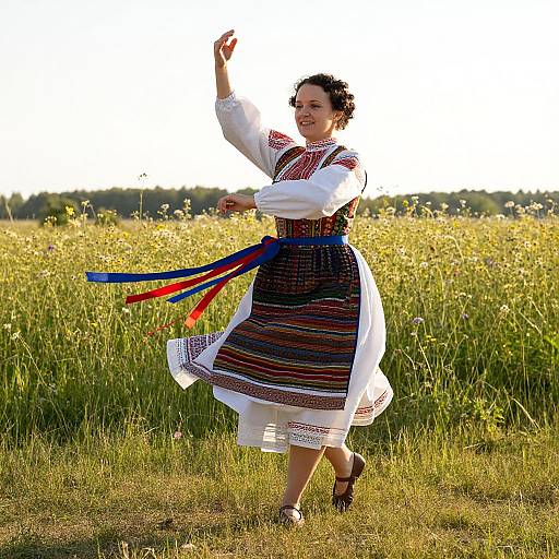 Photograph of a smiling woman in a traditional, multicolored embroidered dress with white blouse, dancing in a sunlit, grassy meadow.