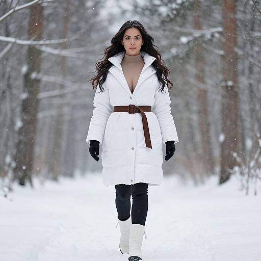 Photograph of a woman with long dark hair, wearing a white coat, black gloves, black leggings, and white boots, walking in a snowy forest