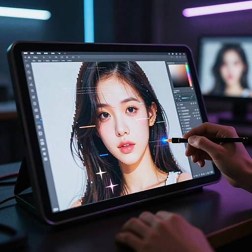 Photograph of an artist's hands adjusting digital portrait of an Asian woman with long black hair on a glowing laptop screen in a dark, neon-lit