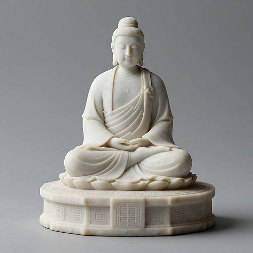 Photograph of a white marble Buddha statue seated in lotus position on a circular base, featuring intricate geometric patterns, against a gray background.