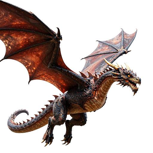 Detailed digital illustration of a fierce, red-scaled dragon with black wings and sharp horns, mid-flight against a white background.