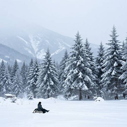Photograph of a snowy forest with snow-covered pine trees. A person in dark winter clothing sits on the snow, sledding. Mountain peaks and