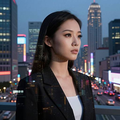 Photograph of an East Asian woman with long black hair, wearing a black blazer and white top, standing in a brightly lit, neon-lit
