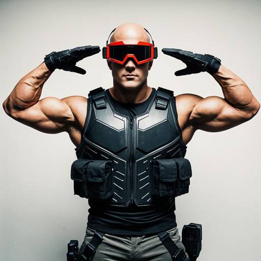 Muscular Bald Man in Futuristic Combat Vest and Red Visor
