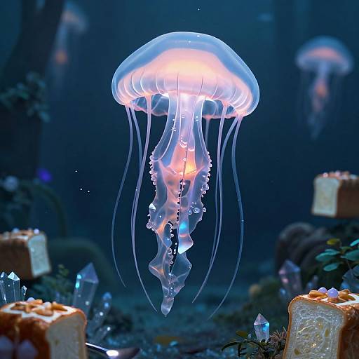Photograph of a glowing, translucent jellyfish with pink-lit bell and delicate tentacles, floating amidst a dark blue underwater scene with candles and crystals