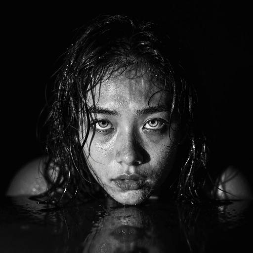 Intense Black and White Portrait of Woman with Wet Hair
