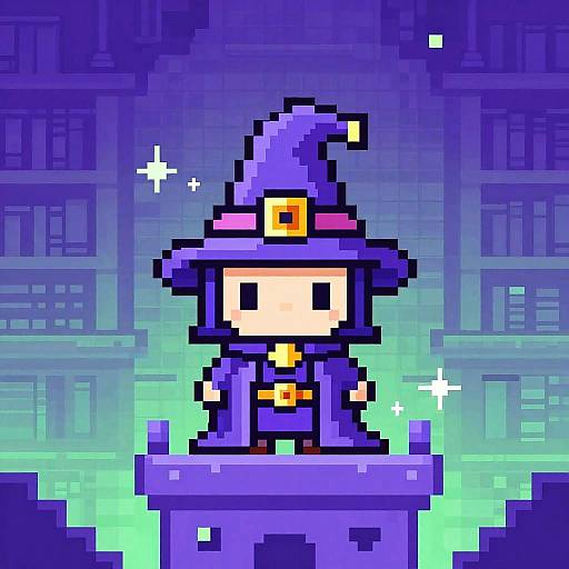Pixel art of a cute, blank-faced wizard in a purple hat and robe, standing on a stone pedestal with glowing green background.