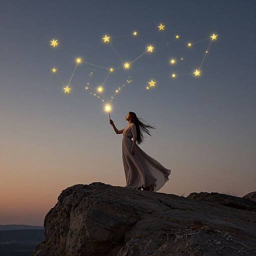 Photograph of a woman in a flowing dress, standing on a rocky cliff at sunset, conjuring a constellation of glowing stars with a wand.