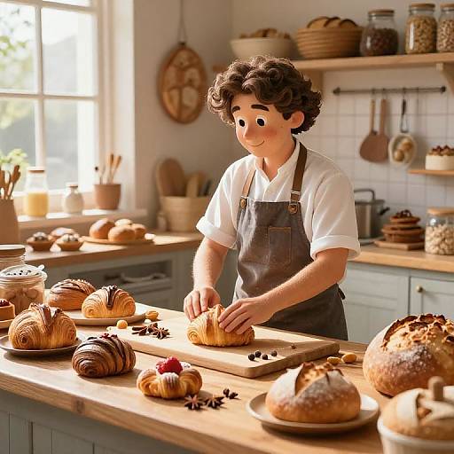 Photograph of a smiling, curly-haired baker in a white shirt and gray apron, assembling croissants on a wooden kitchen counter. Sunlit