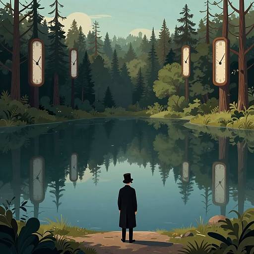 Surreal Lake with Timepiece Trees