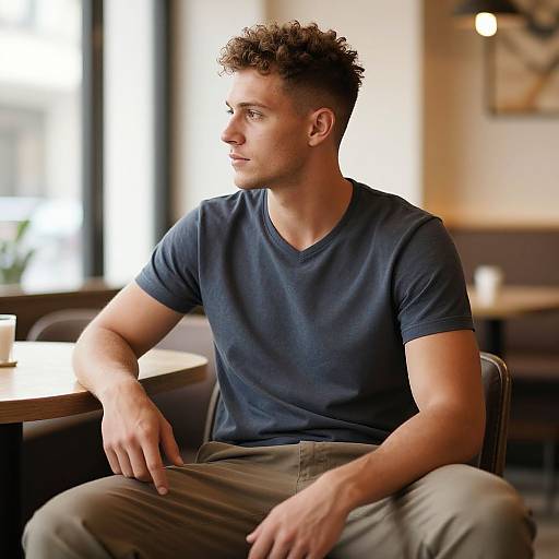 Fit European Man in Cozy Café