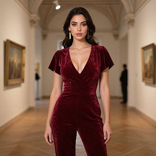 Elegant Woman in Red Velvet Jumpsuit