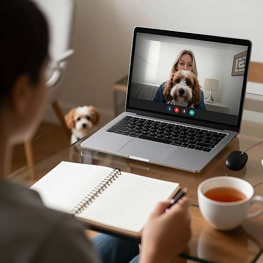 Photograph: Person with glasses writing in notebook, laptop showing video call with woman and dog, tea cup, and mouse on wooden table.