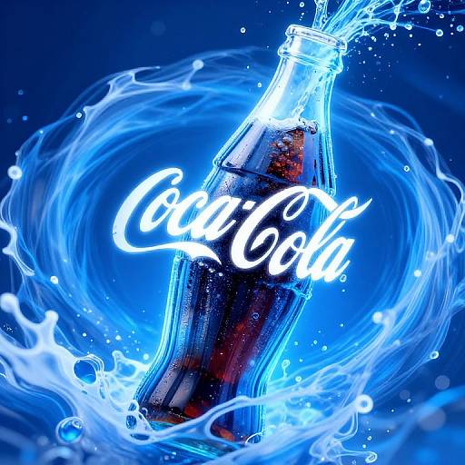 Photograph of a Coca-Cola bottle splashing with bright blue water, illuminated by neon white 